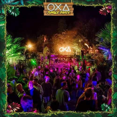 OXA Jungle Party Koh Phangan – packed night crowd in the jungle courtyard with the OXA stage behind