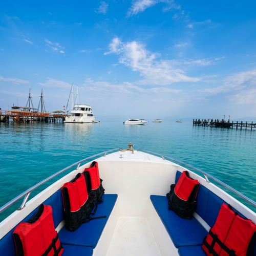 Onboard bow view with red life jackets and blue seats, leaving the Koh Samui pier for Ang Thong Marine Park
