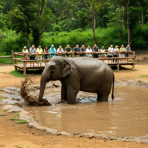 Rescued elephant tossing mud in the bathing pool while visitors watch from the shelter's viewing deck