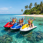 Jet Ski Safari 3 Hours Koh Tan & Pig Island – three jet skis stopped in shallow water by an island beach – TourInKohSamui.com