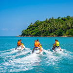 Jet Ski Safari 3 Hours Koh Tan & Pig Island – three jet skis following the guide toward an island – TourInKohSamui.com