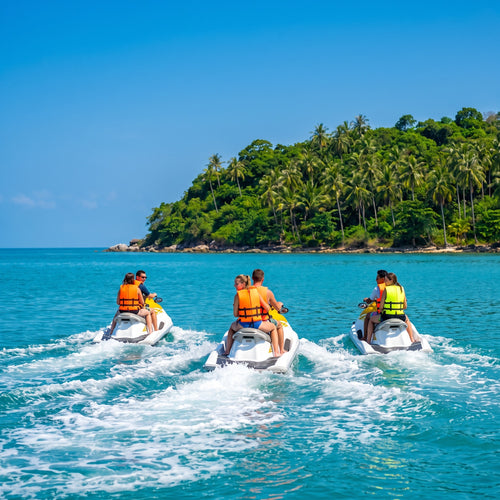Jet Ski Safari 3 Hours Koh Tan & Pig Island – three jet skis following the guide toward an island – TourInKohSamui.com