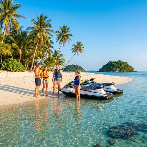 Jet Ski Safari 3 Hours Koh Tan & Pig Island – two jet skis on a white-sand island beach – TourInKohSamui.com
