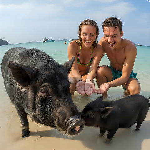 Couple meeting a black pig and piglet on the beach at Pig Island on the private longtail charter
