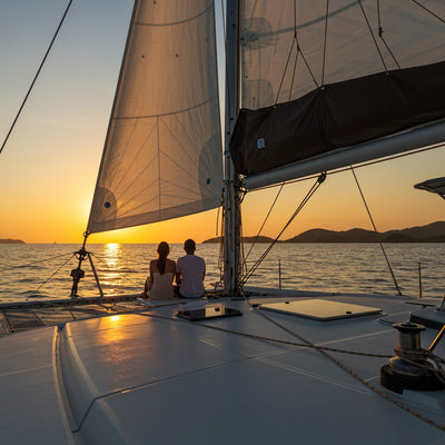 Romantic couple on sailboat bow watching golden sunset over Koh Samui sea | tourinkohsamui.com