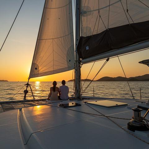 Romantic couple on sailboat bow watching golden sunset over Koh Samui sea | tourinkohsamui.com
